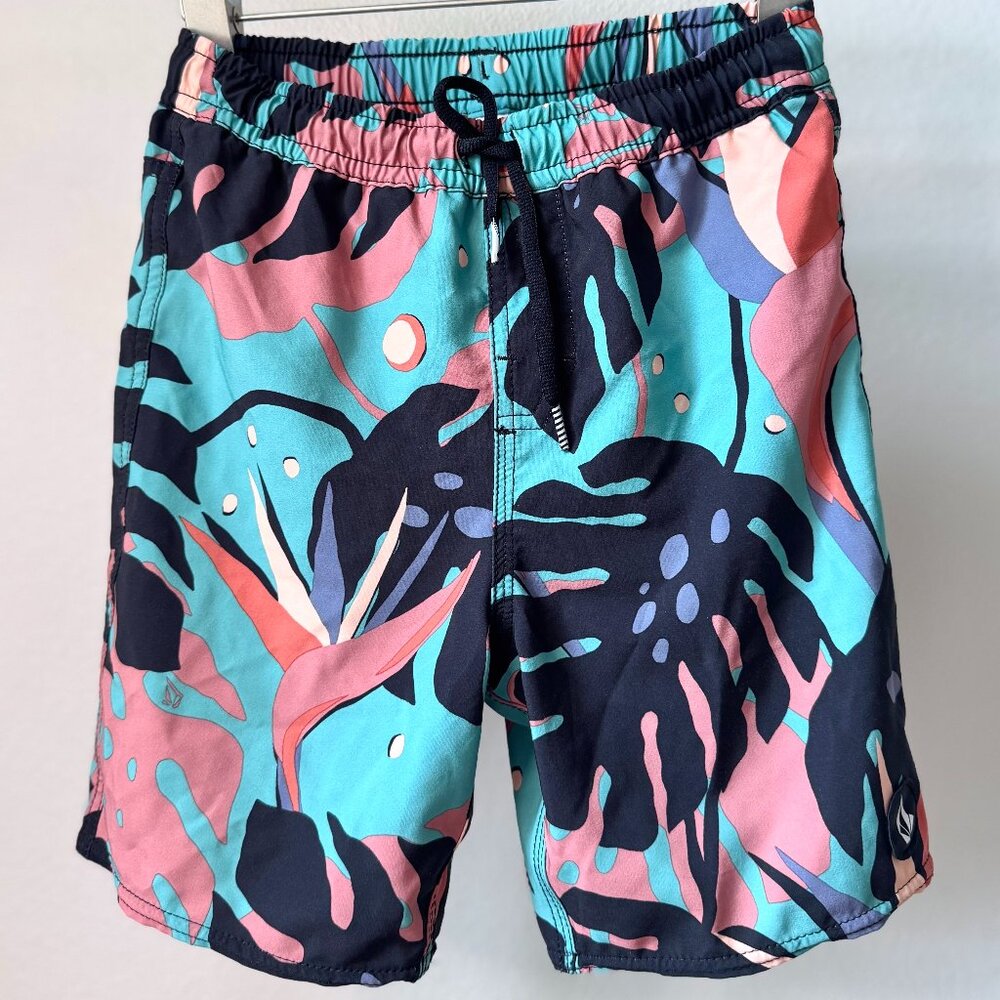 VOLCOM BOYS BOARD SWIM SHORTS FAST DRY SIZE 7 XS COLORFUL MONSTERA PRINT BRIGHT